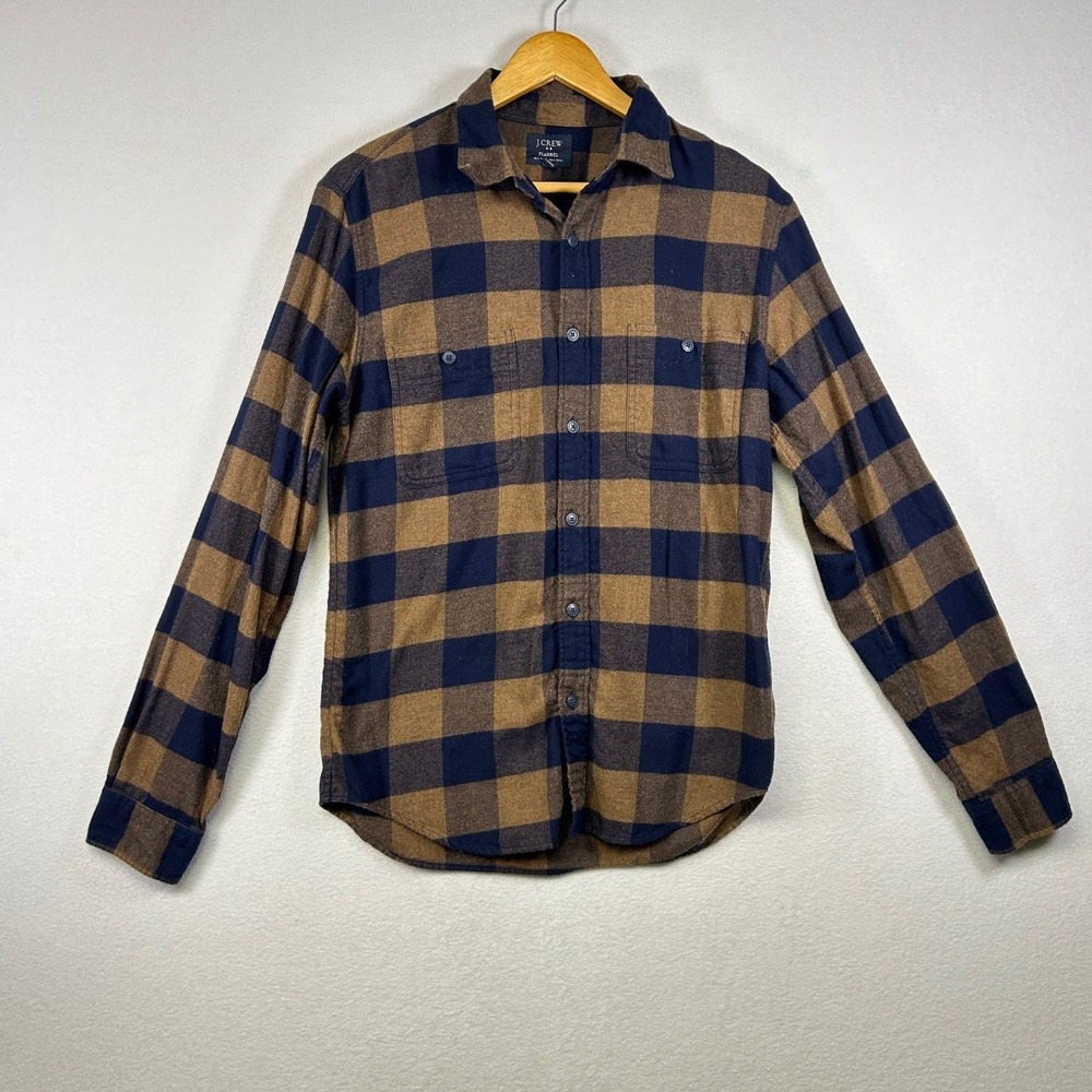 J. Crew Flannel Shirt Brown Navy Plaid Long Sleeve Button Down Men Medium‎